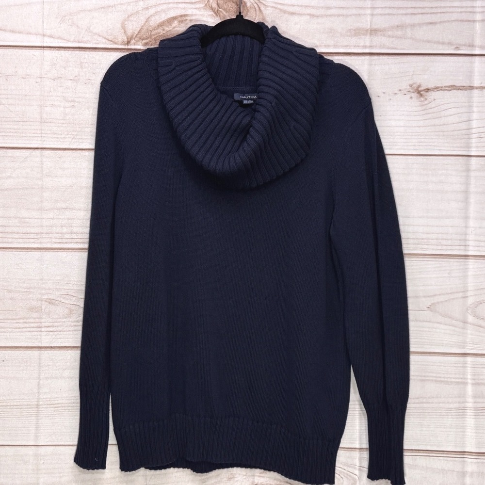 Nautica Cowl Neck Sweater Womens XL Navy Blue Ribbed Knit Cotton Long Sleeve